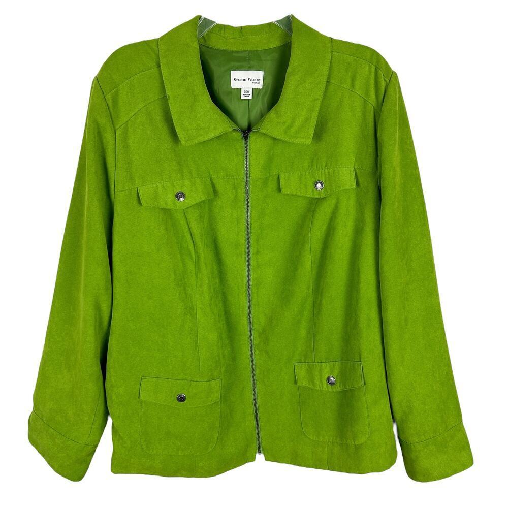 Y2K Plus Size Green Faux Suede Zip Front Chore Jacket